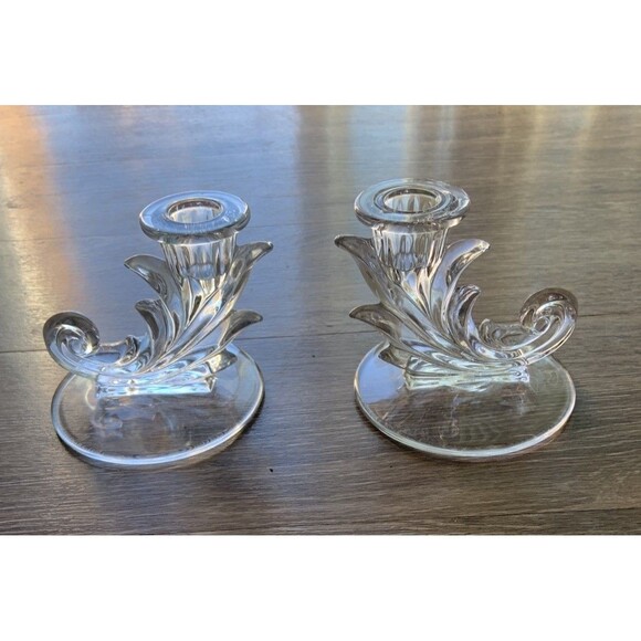 Vtg Set Of 2 Fostoria Baroque Single Candlestick Holders Clear Crystal Glass - Picture 1 of 5